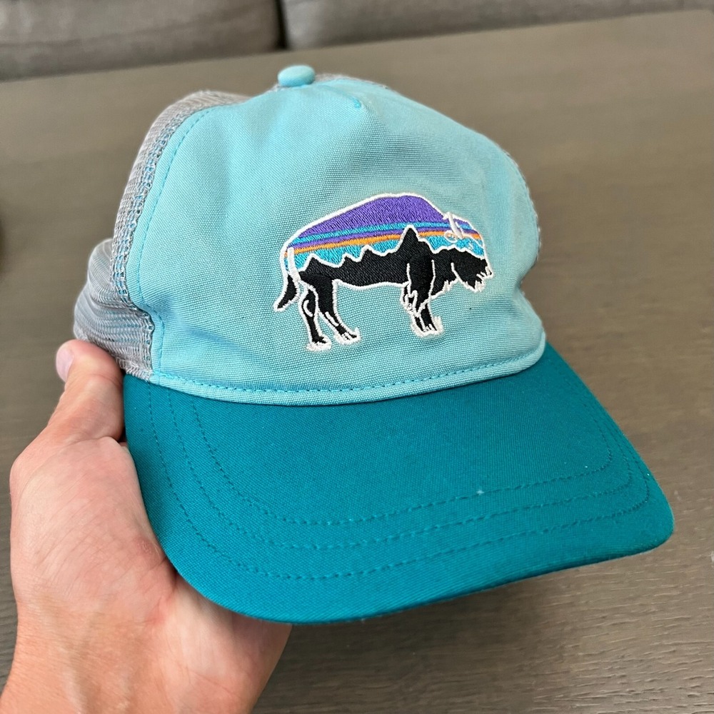 Patagonia Fitz Roy Bison Hat Cap Snap Back Adjustable Trucker Hat Blue Buffalo